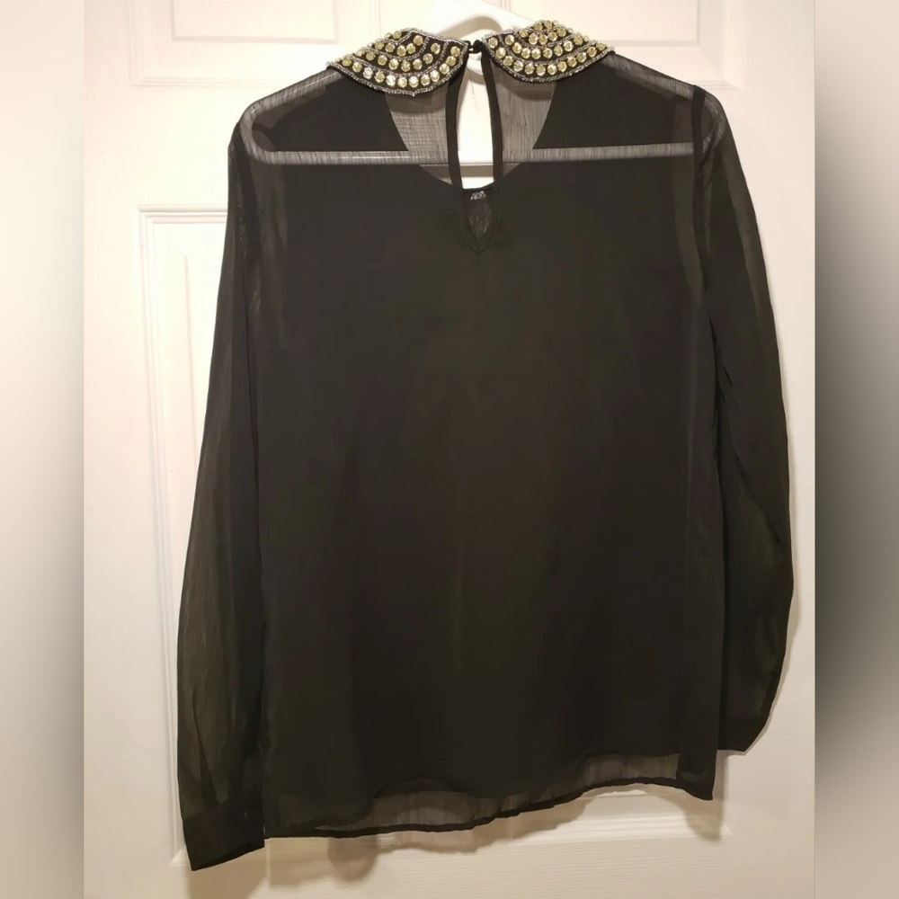 ❤️ CHARMING CHARLIE WOMEN'S SHEER BLACK BLOUSE WITH RHINESTONE COLLAR SIZE SMALL - Picture 8 of 12